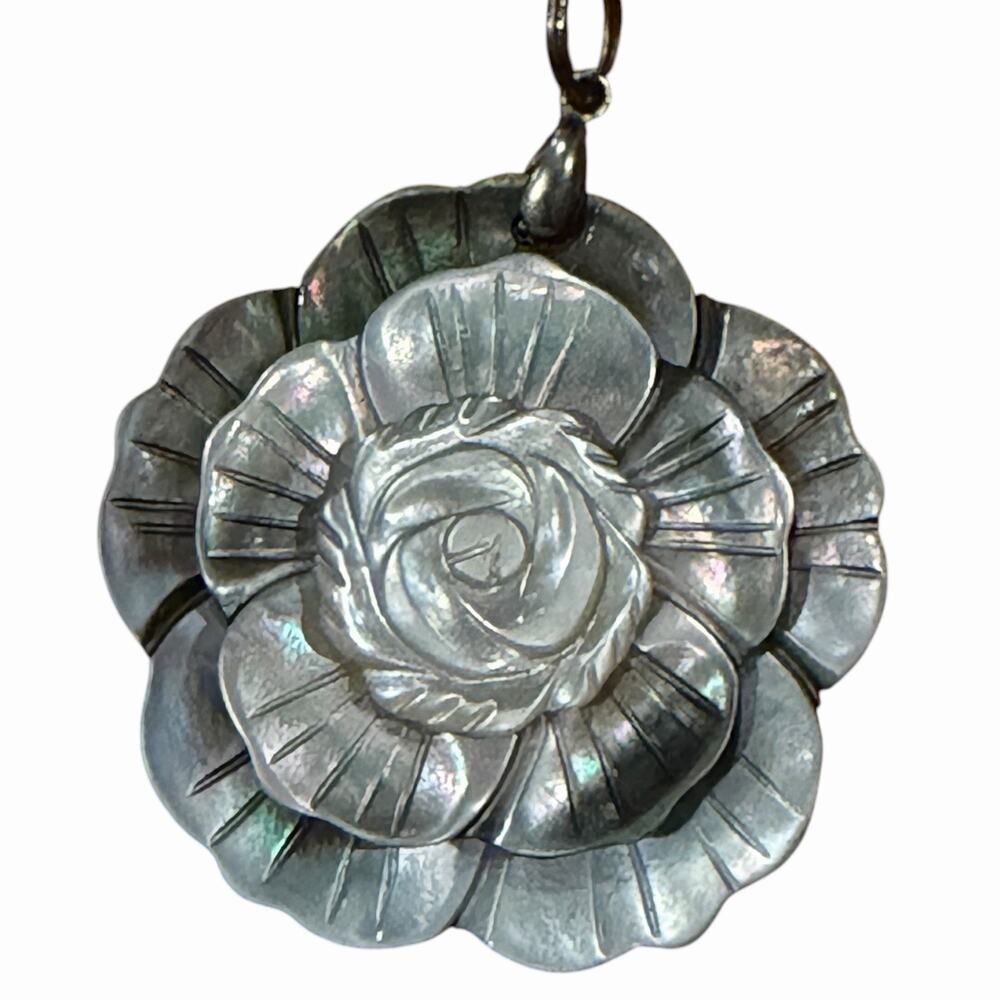 Vintage Black Mother of Pearl Carved Rose Pendant Iridescent Shell Flower 3D 2"